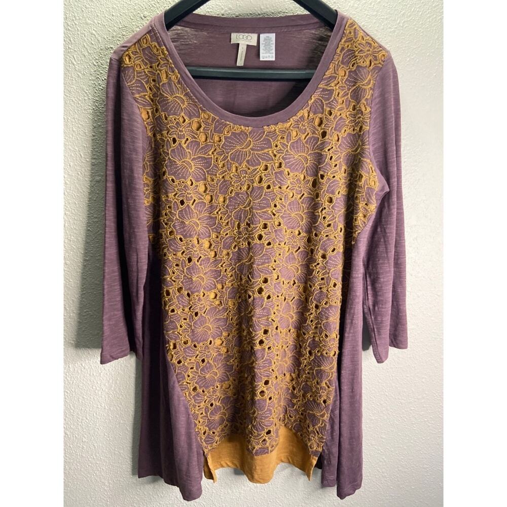 LOGO Women Purple Tunic Floral Lace Overlay Blouse Size S